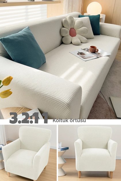 Likrali Koltuk Örtüsü 3+2+1+1 . Koltuk Kılıfı Lastikli Esnek Yikanabilir Kare Desen