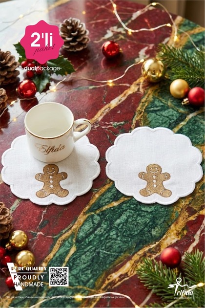 Cookie Man Patterned Christmas Napkin, Embroidered Cocktail Napkin (2 Pieces)