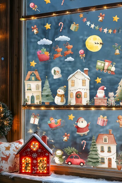 New Year Glass Sticker Set – 35+ Pieces | Large Size Christmas Window Ornaments | Cut & Paste | Children's Room