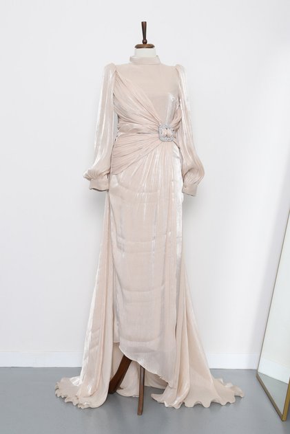 Beige Evening Dress with Stone Detail on the Front