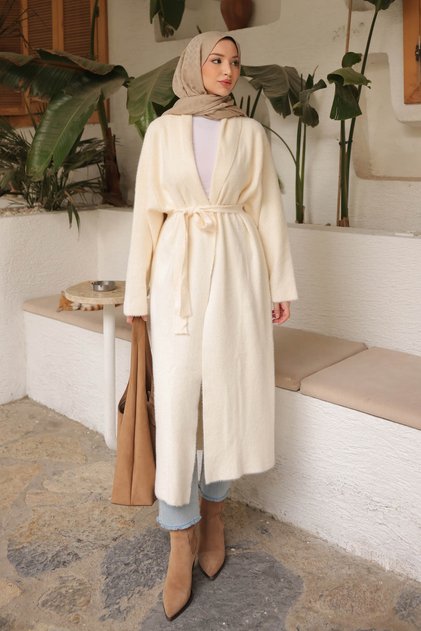 Cream Belted Long Angora Cardigan