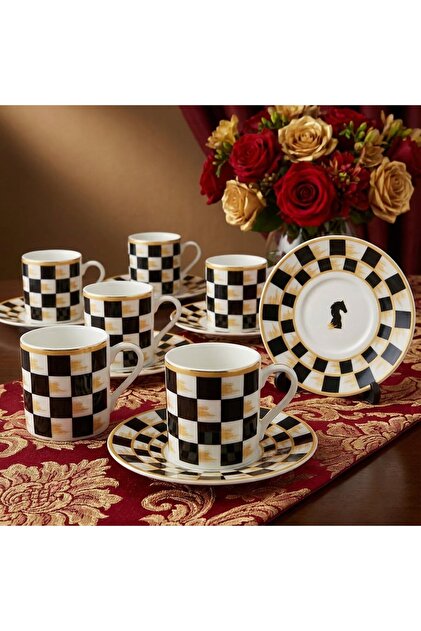 Horse Black and White Checkerboard Decor 6-Person Porcelain Coffee Cup Set – 90 Ml.