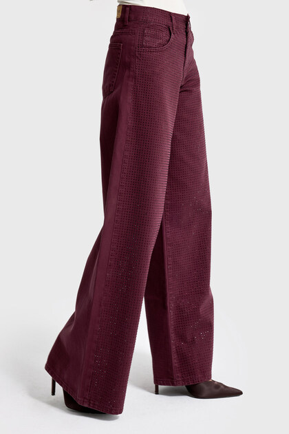 Kadın Bordo Renk T-6w5-122 Palazzo Fit Parlak Taşlı Özel Tasarım Denim Jean