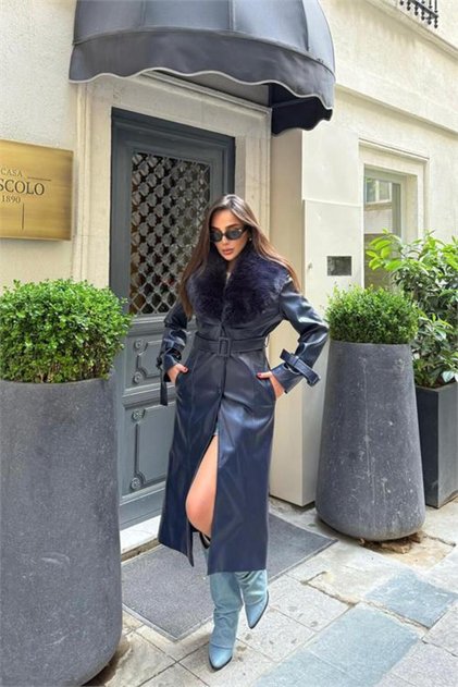 Women's Collar Detachable Fur Detailed Buttoned Leather Trench Coat Nbstr1001