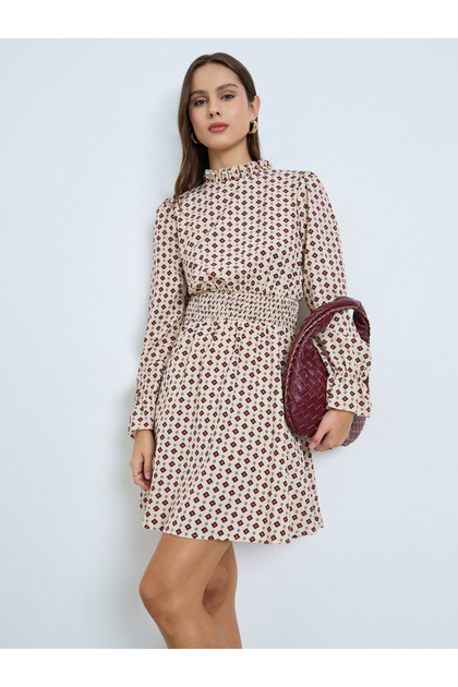 Beige All-Over Print A-Line Mini Dress