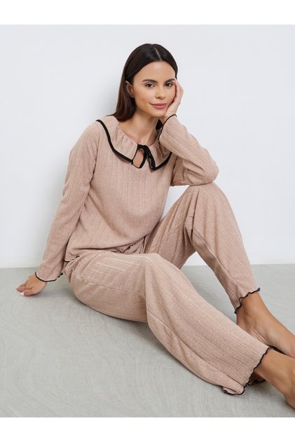 Rib Flounce Tie Detail T-Shirt and Pyjama Set