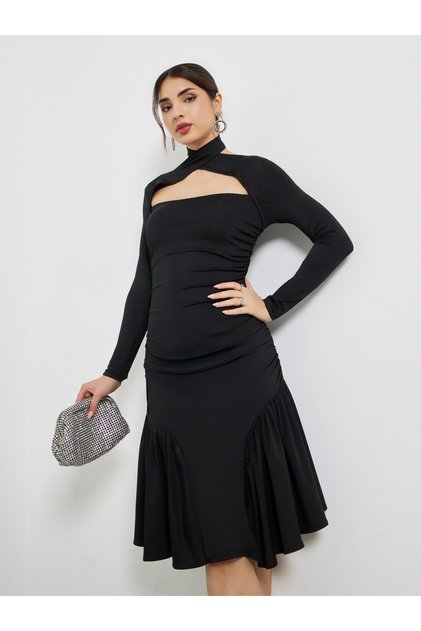 Black Cut-Out Yoke Knee Length Dress