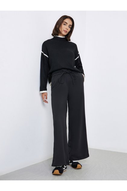 Black Wide Leg Joggers with Tie Detail