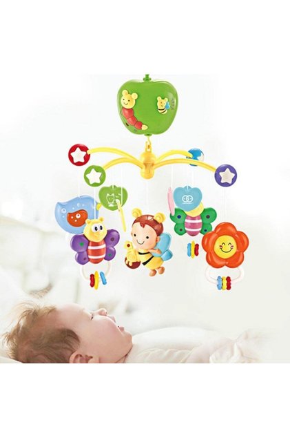Carusel muzical pentru pătuț, rotativ, temporizator, 3 moduri muzicale, figurine albinuțe multicolore