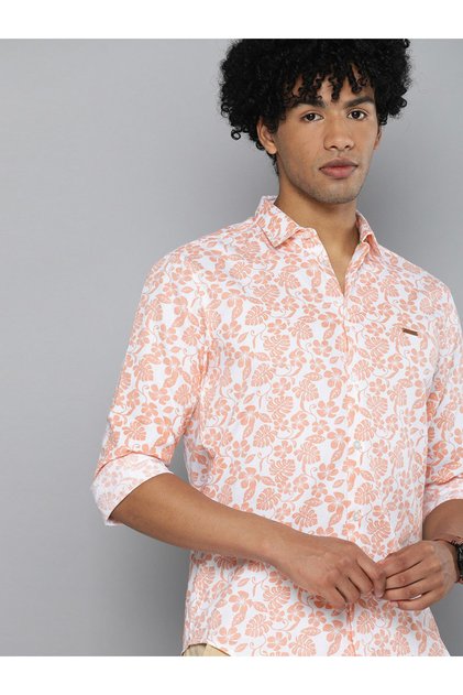Men White Floral Print Slim Fit Shirt