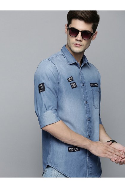 Men Blue Casual Shirt with Patches