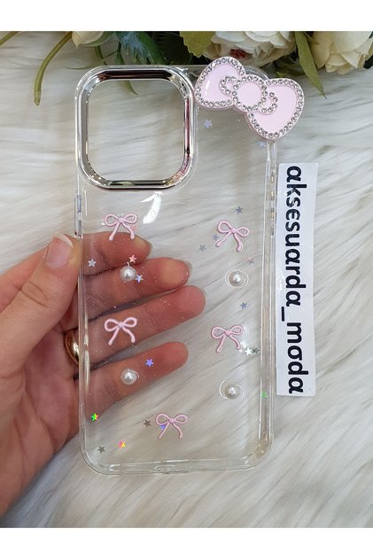 iPhone 15 Pro Max Compatible Pink Bow Detailed Glitter Transparent Case