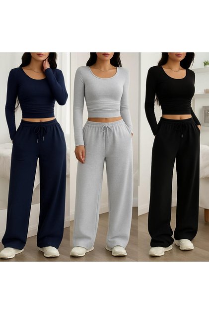 Unisex 4 Seasons Wearable 3 Pieces Elastic Waist Black Gray Navy Blue Wide Leg Sweatpants