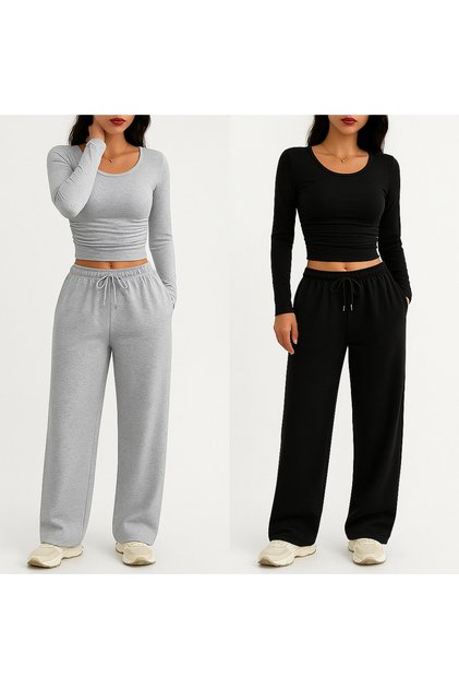 Unisex 4 Mevsim Giyilebilir 2 Adet Beli Lastikli Siyah Gri Bol Paça Eşofman Altı