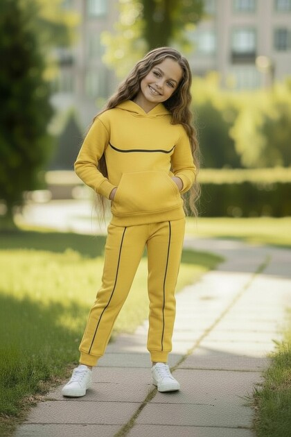 Double Yarn Girls' Hooded Top and Bottom Tracksuit Set, 100% Cotton