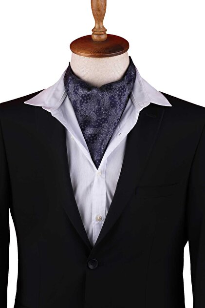 Navy Blue Motif Pattern Men's Scarf Ascot K669