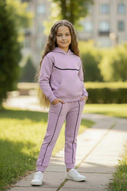 Double Yarn Girls' Hooded Top and Bottom Tracksuit Set, 100% Cotton