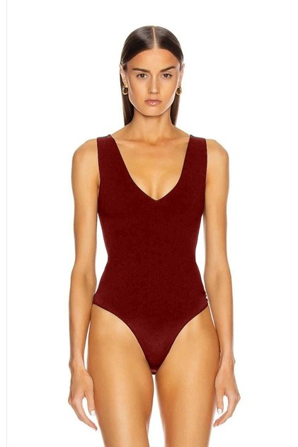 Kadın Bordo V Yaka Kolsuz Çift Katlı Tanga Kesim Sandy Kumaş Bodysuit