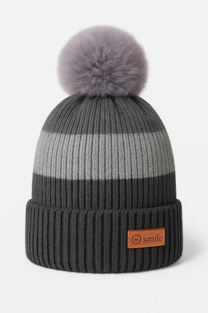 Unisex Children's Braided Foldable Pompom Woven Label Smile Beanie (4-8 Years Old)