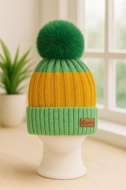 Unisex Children's Braided Foldable Pompom Woven Label Smile Beanie (4-8 Years Old)