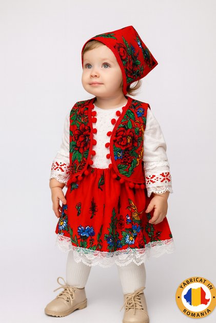 Costum Tradițional Românesc pentru Fetițe – 3 piese/4 piese - FABRICAT IN ROMANIA