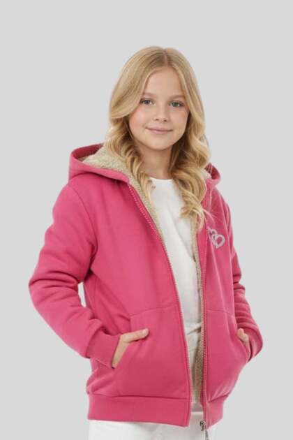 Kız Çocuk Lila İçi Tam Peluş Astarlı Kapüşonlu Hırka - Sıcacık Kışlık Sweatshirt