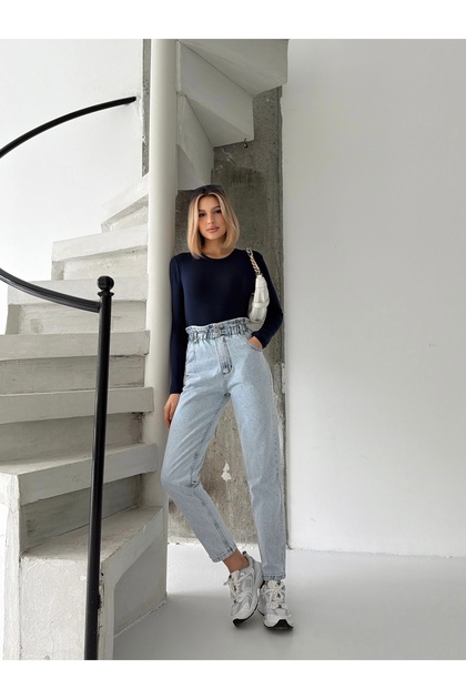Belted High Waist Double Buttoned Mom Jeans Pants