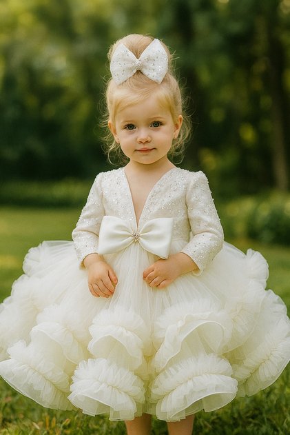 White Beaded Long-Sleeved Skirts with Ruffles Girls' Birthday Special Occasion Dress