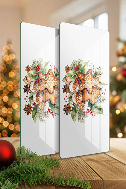 Glass Coffee Tableware Presentation Tray Set of 2 Gingerbread Christmas Cookie Patterned 30 X 15 cm
