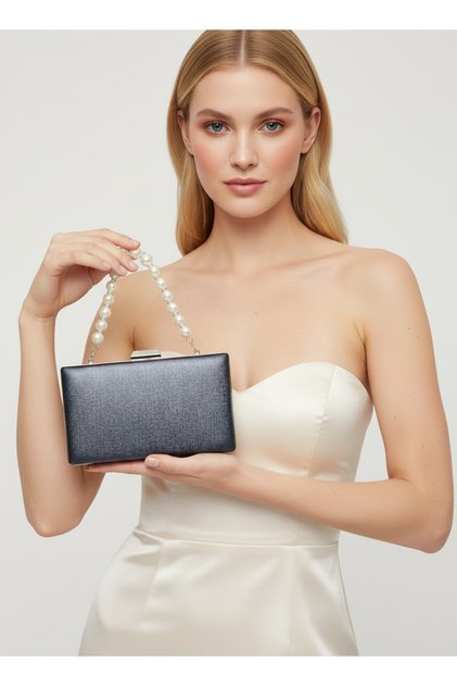 Navy Blue Color Matte Anti-Scratch Leather Pearl Detailed Wedding Engagement Graduation