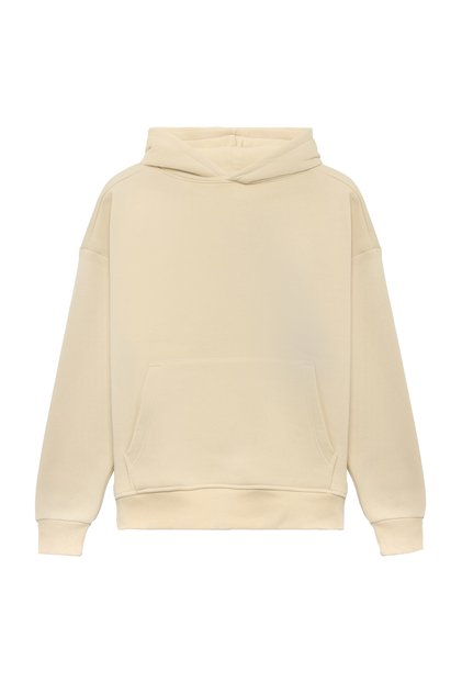 Men's Oversized Loose Fit Cotton 3 Thread Ş Fleece-Lined Soft Textured Basic Beige K Hooded Sweatshirt
