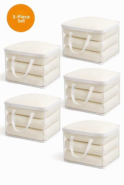 Set of 5 Practical Storage Bins 40X48X15Cm - Foldable, Zippered, Under-Bed & In-Closet Bins