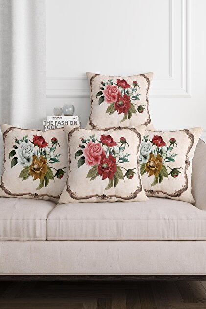 Rose Patterned Red Watercolor Digital Print Decorative 4-Piece Cushion Cover Set