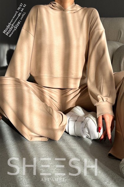 Soft Textured Modal Camel Top and Bottom Set Bottom Palazzo Sweatpants Trousers Top Crop Hoodie