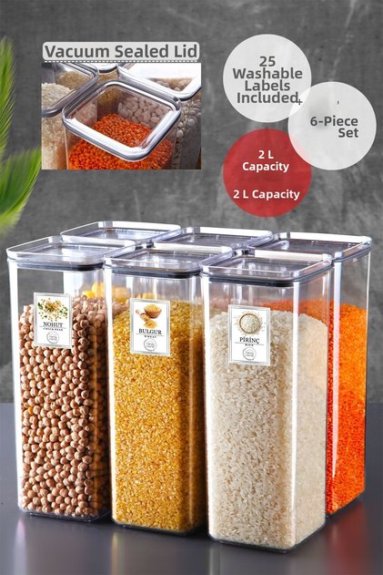 Set of 6 Square Food Storage Container Set with Label and Silicone Seal 2 Lt Transparent