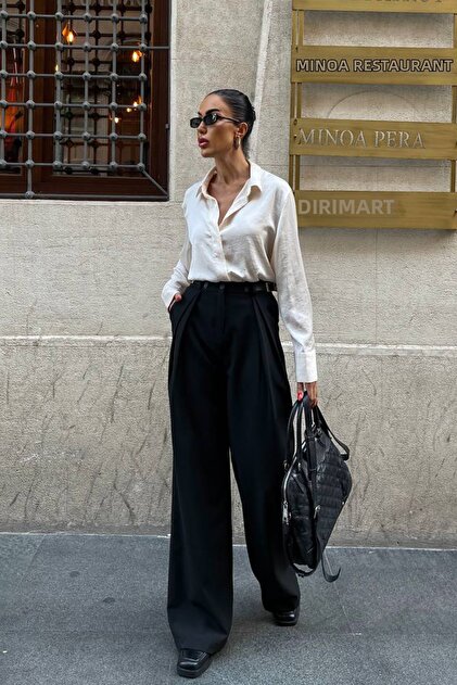 Ortaya Çık Palazzo Trousers with Black Leather Belt Detail- Trendyol