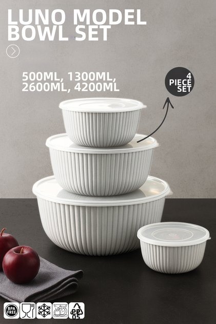 Luno Model 4-Piece Bowl Set with Lids – 500/1300/2600/4200ml - Storage Container Set