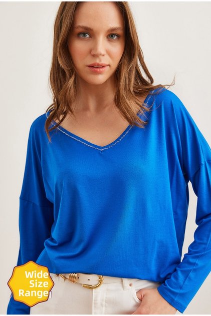 Women's Cobalt Blue Silver Stitching Detail V-Neck Viscose Blouseblz- 19002747
