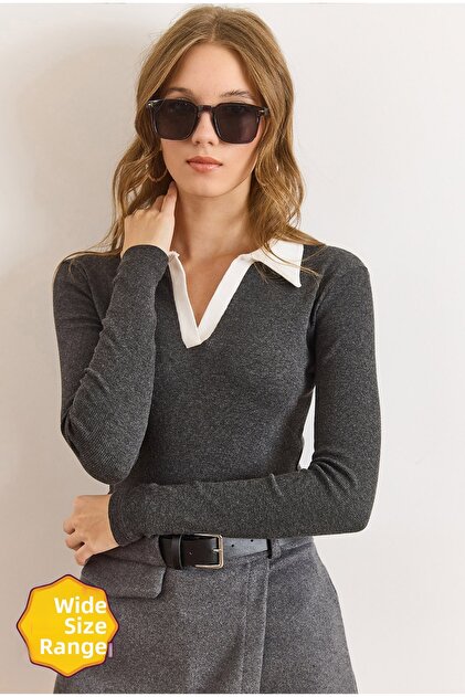Women's Smoked White Color Block Polo Neck Cotton Stretchy Blouse Blz-19003104