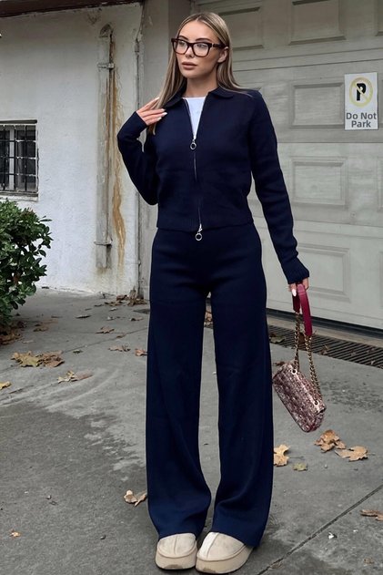 Navy Blue Cara Polo Neck Reversible Zipper Crop-Pants Women's Knitwear Bottom-Top Set