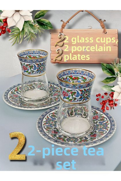 2 Porcelain Plates with Gold Heybeli Herbal China Motifs, 2 Glass Cups, Set for Two People