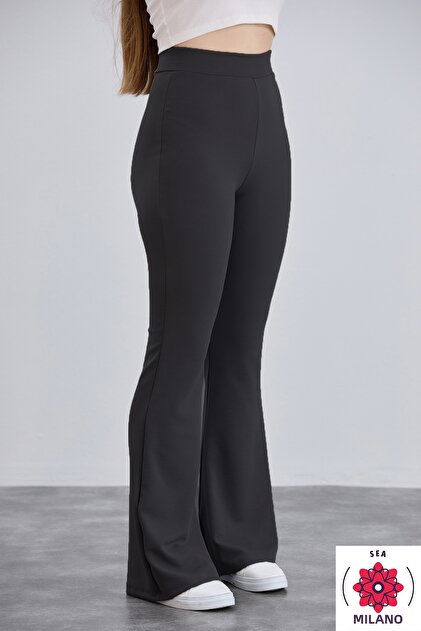 Women's Black Crepe Flare Leg High Waist Lycra Trousers Leggings