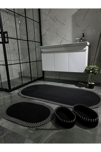 Jute Wicker Large Size Black Bathroom Set, Bathroom Mat Set, Bathroom Basket, Mat, Basket Set,