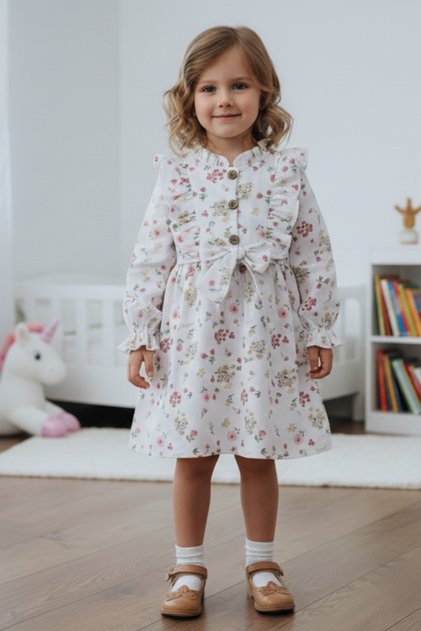 Girls' Long Sleeve Printed Cotton Muslin Fabric Seasonal Dress