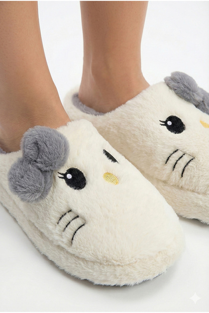 Hello Figured Ribbon Detailed Fluffy Animal Figured Non-Slip Sole Slippers Women's Home Slippers