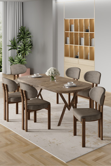 Radon Serisi MDF 90x168 Sabit Atlantik Çam Mutfak Masa Takımı 6 Cappucino Sandalye