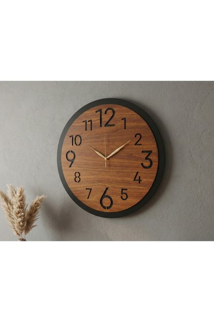 Ahşap Ceviz Mobilya Renk Sade Sayılı Yılbaşı Hediyelik Sessiz Duvar Saati 50cm