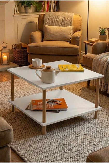 Kare Orta Sehpa Ahşap Ayaklı Sehpa Iki Raflı Sehpa Dekoratif Sehpa Gazetelikli - Beyaz - 60cm X 60cm