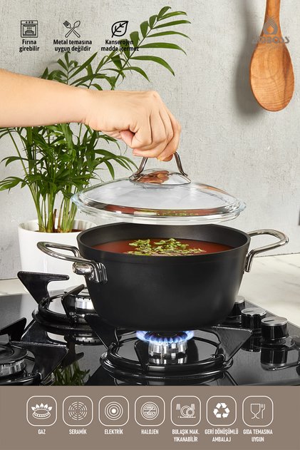 Dark Granit Derin Tencere Cam Kapaklı Yanmaz Yapışmaz Titanyum Kaplama - 26 cm