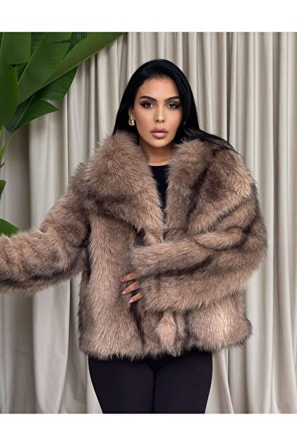 VESS MODA Women's Gray Fox Pattern Jacquard Faux Fur Coat- Trendyol